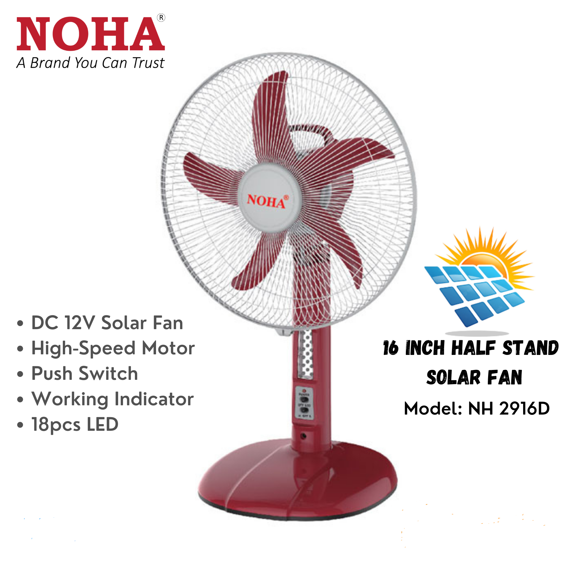 NOHA 16 Inch 12V Half Stand Solar DC Fan