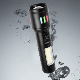 Aluminum LED Torch Waterproof Flashlight with Adjustable Focus Zoom 5 Modes Including SOS Warning Light for Outdoor Camping