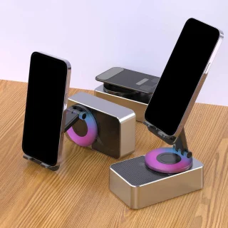 Foldable Mobile Phone Desk Holder,Wireless Speaker with Stand - 3 in 1 Mobile Phone Holder,360 Rotating Phone Stand,Phone Stand with Speaker, Cellphone Holder with Bluetooth Speaker